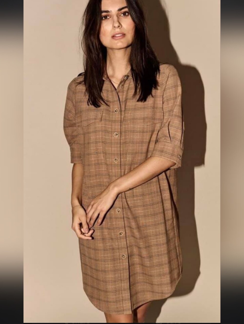 MOS MOSH Tan brown plaid crop sleeves boyfriend button down dress